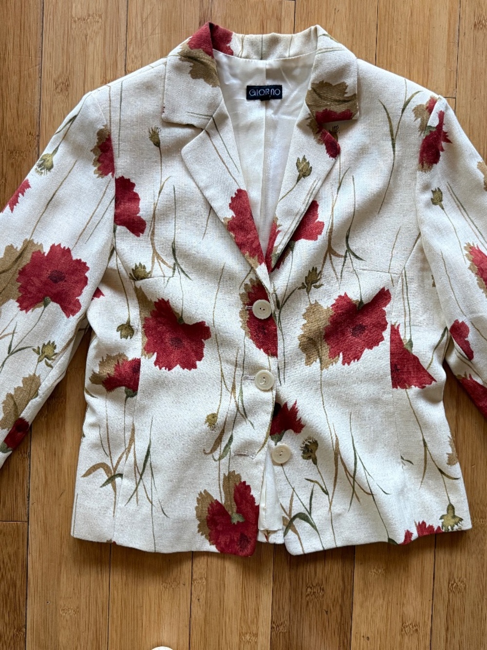 Vintage Giorno Floral Spring Blazer Jacket Red Poppy Print Cream Womens Size 40